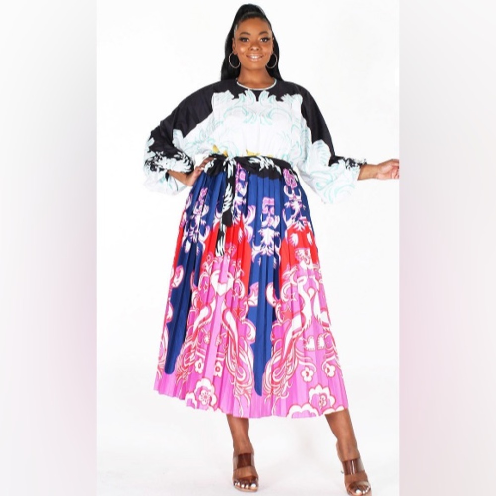 Pleated Multi Color Midi PLUS SIZE - Picture 2 of 3